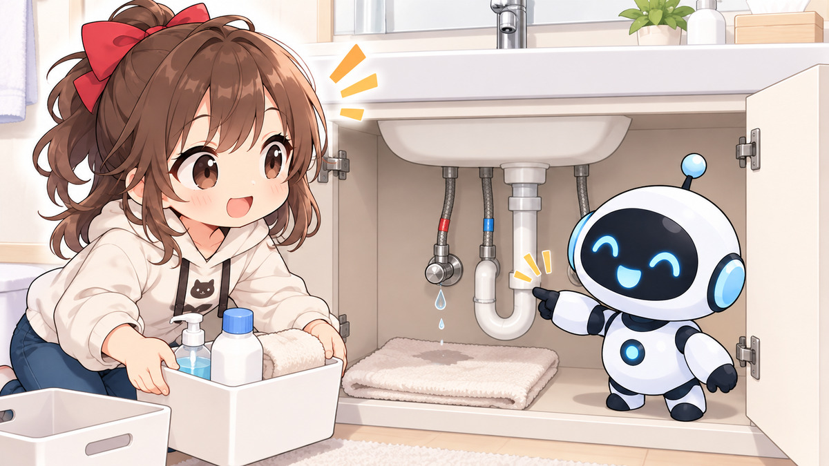 洗面 所 水 漏れ 修理についてワクちゃんとチャッピーが確認しているイラスト