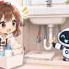 洗面 台 水 漏れ 床下についてワクちゃんとチャッピーが確認しているイラスト