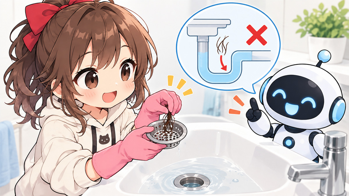 洗面 台 給水 管 水 漏れについてワクちゃんとチャッピーが確認しているイラスト