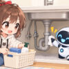 台所 水 漏れについてワクちゃんとチャッピーが確認しているイラスト