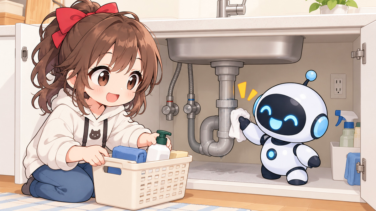 キッチン 水道 水 漏れについてワクちゃんとチャッピーが確認しているイラスト