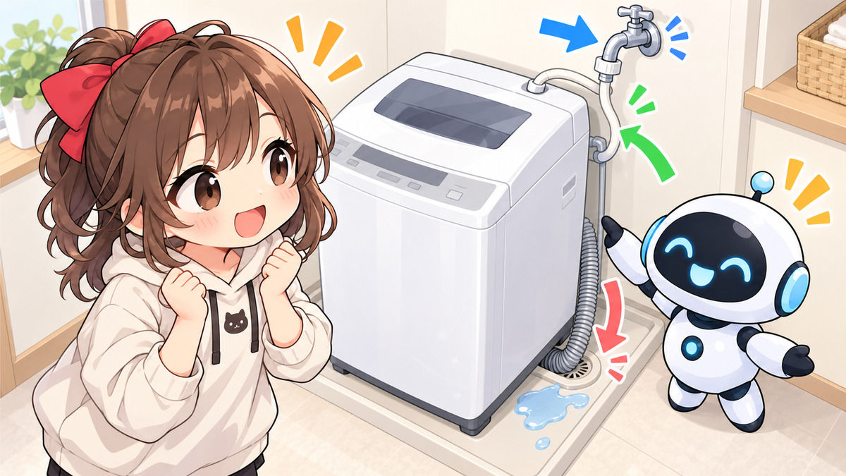 洗濯 水 漏れについてワクちゃんとチャッピーが確認しているイラスト