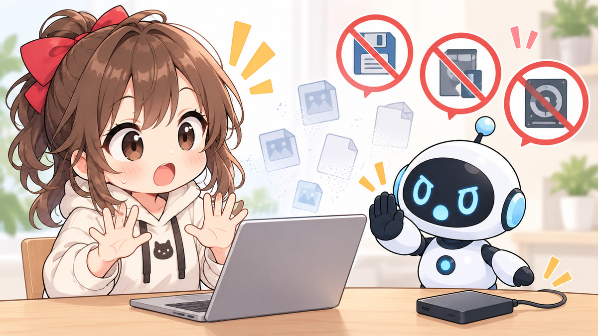 ケータイ データ 復旧 サービスについてワクちゃんとチャッピーが確認しているイラスト
