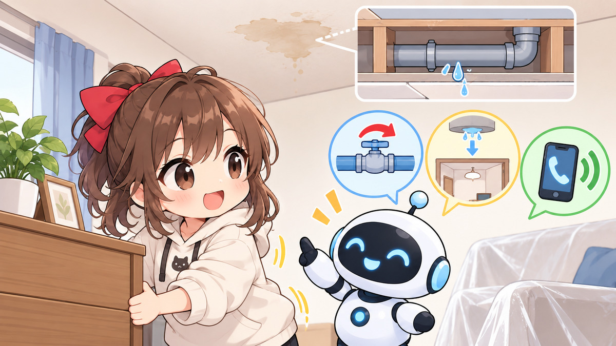 水道 管 補修についてワクちゃんとチャッピーが確認しているイラスト
