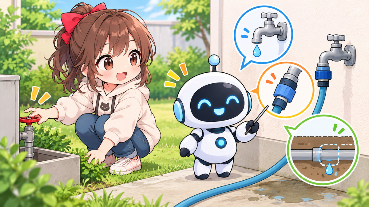 排水 管 つまり 業者についてワクちゃんとチャッピーが確認しているイラスト