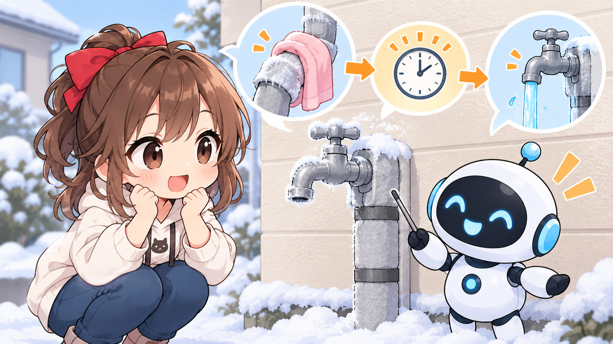 水道 管 破裂 応急 処置についてワクちゃんとチャッピーが確認しているイラスト