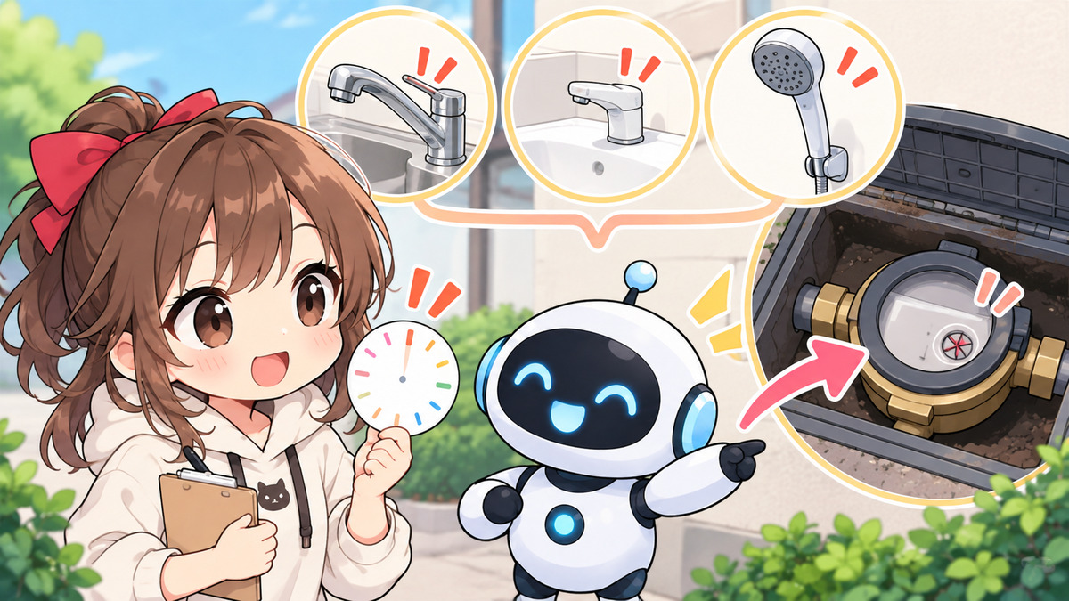 漏水 工事についてワクちゃんとチャッピーが確認しているイラスト