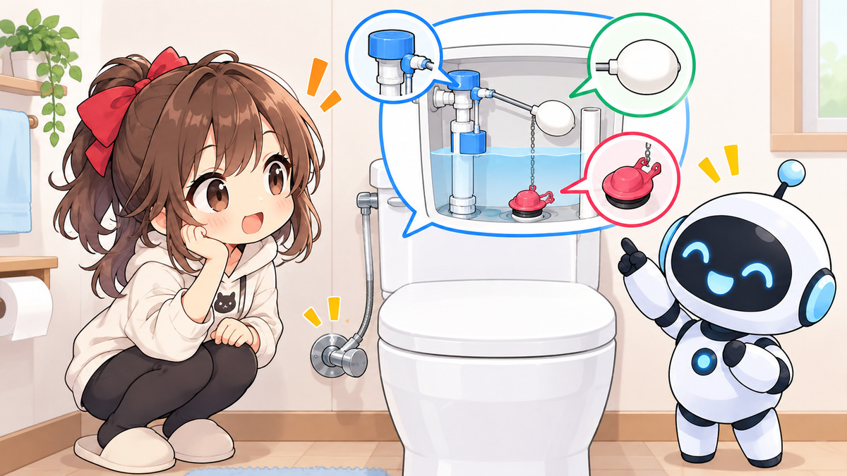 トイレ タンク ポタポタ 音 水道 代についてワクちゃんとチャッピーが確認しているイラスト