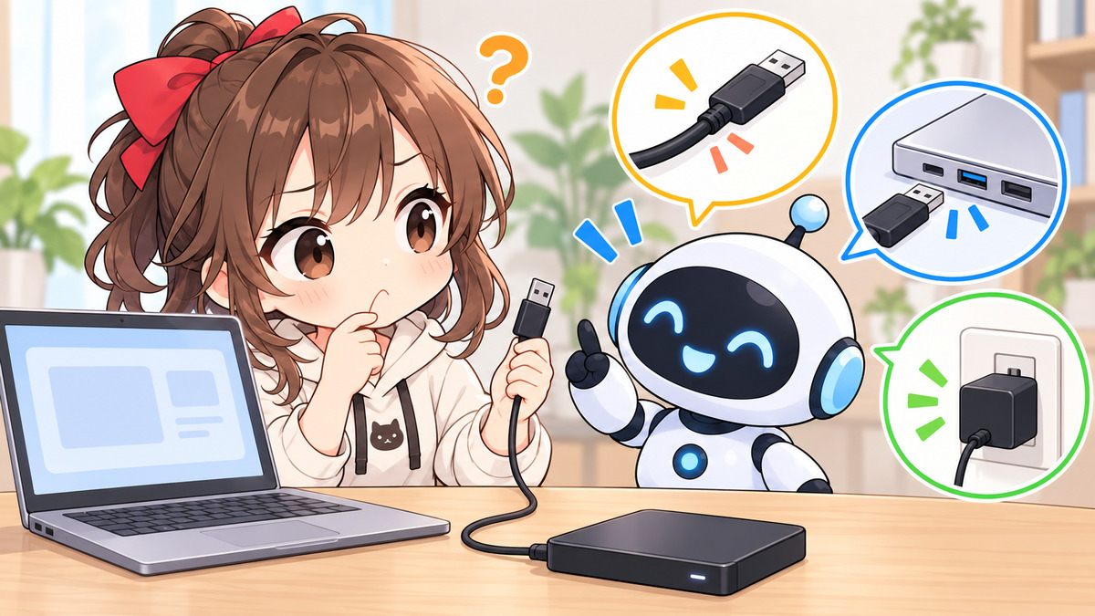 hdd 外 付け 復旧についてワクちゃんとチャッピーが確認しているイラスト