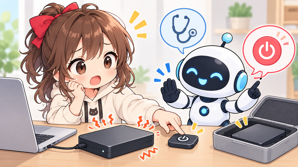 hdd 外 付け データ 復旧についてワクちゃんとチャッピーが確認しているイラスト