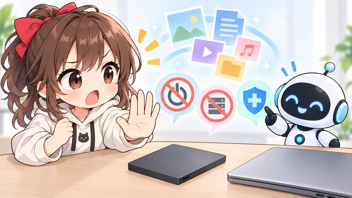 ssd データ 取り出しについてワクちゃんとチャッピーが確認しているイラスト
