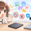 ssd データ 復旧 業者についてワクちゃんとチャッピーが確認しているイラスト