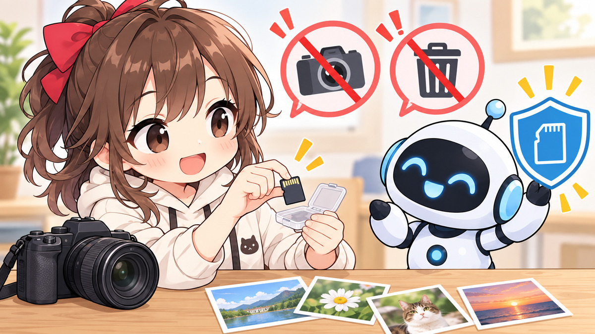 sd カード データ 復元 業者についてワクちゃんとチャッピーが確認しているイラスト