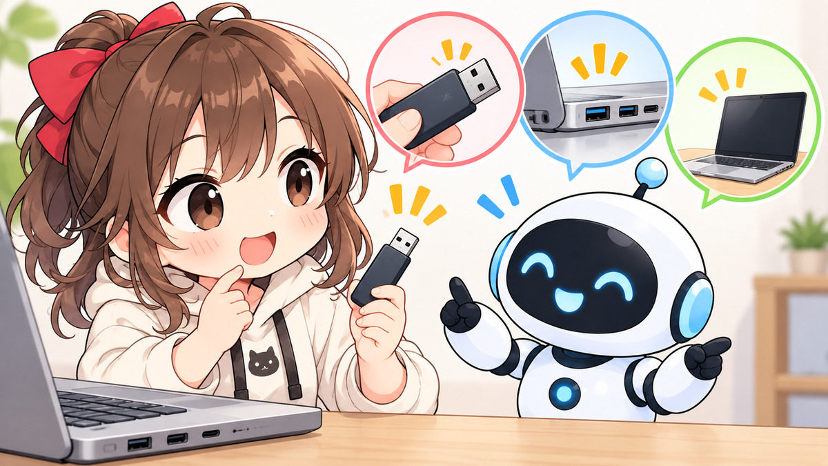 usb 修復についてワクちゃんとチャッピーが確認しているイラスト