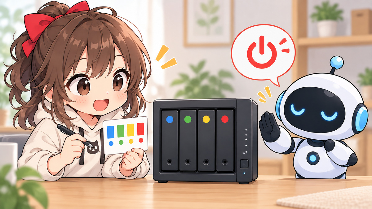 nas データ 削除 復元についてワクちゃんとチャッピーが確認しているイラスト