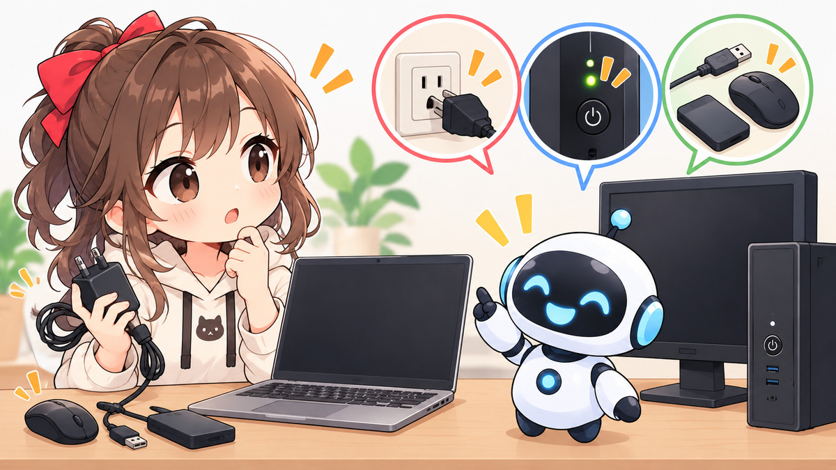 富士通 パソコン 起動 しないについてワクちゃんとチャッピーが確認しているイラスト