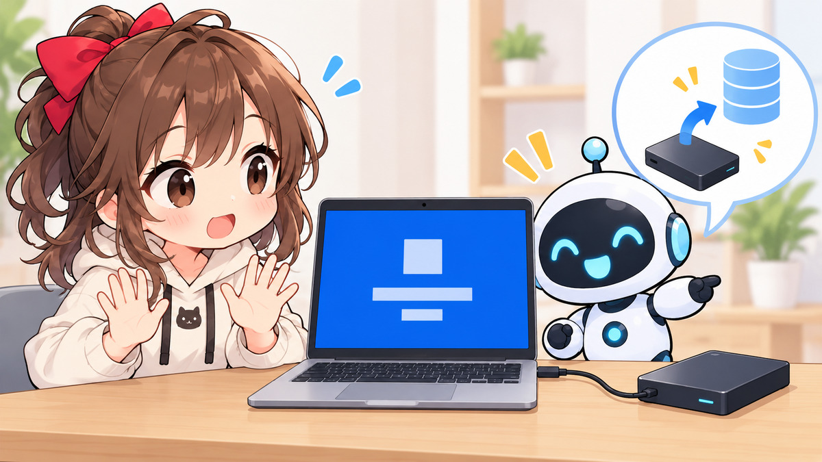 ダイナブック 電源 が 入ら ないについてワクちゃんとチャッピーが確認しているイラスト