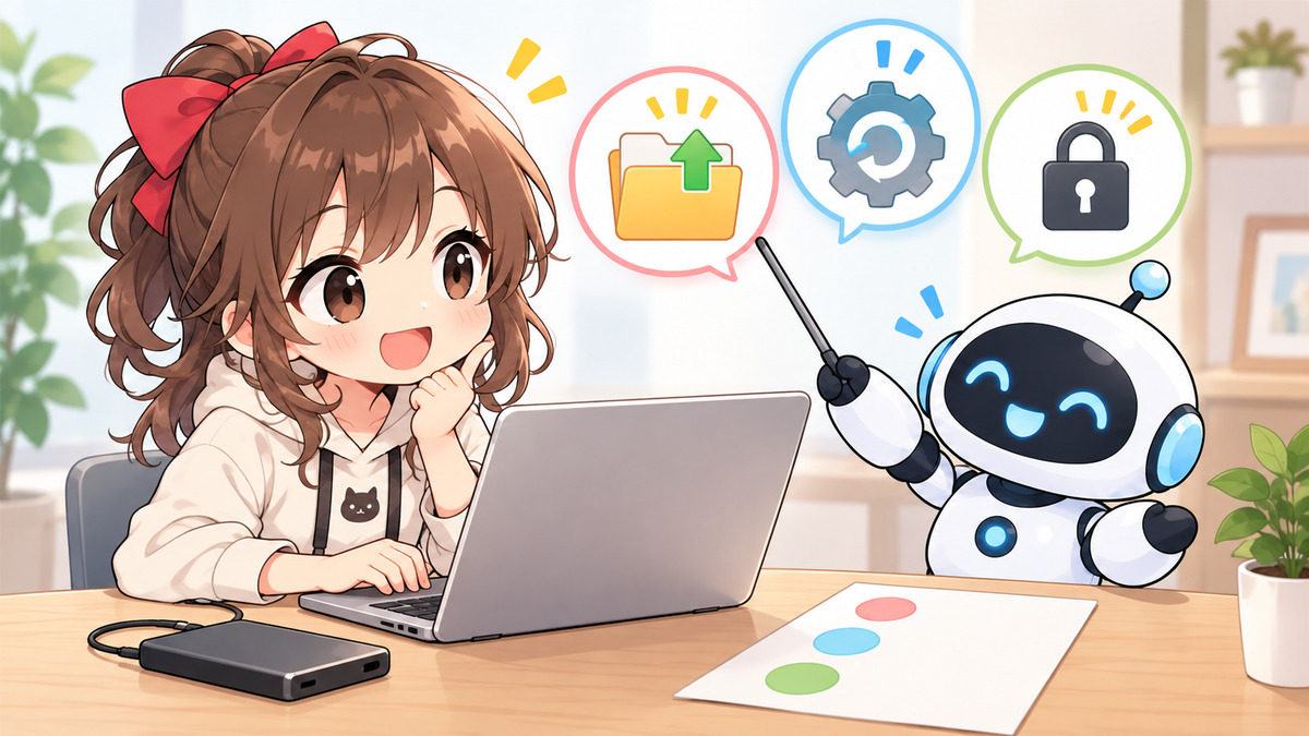 パソコン 修理 持ち込みについてワクちゃんとチャッピーが確認しているイラスト