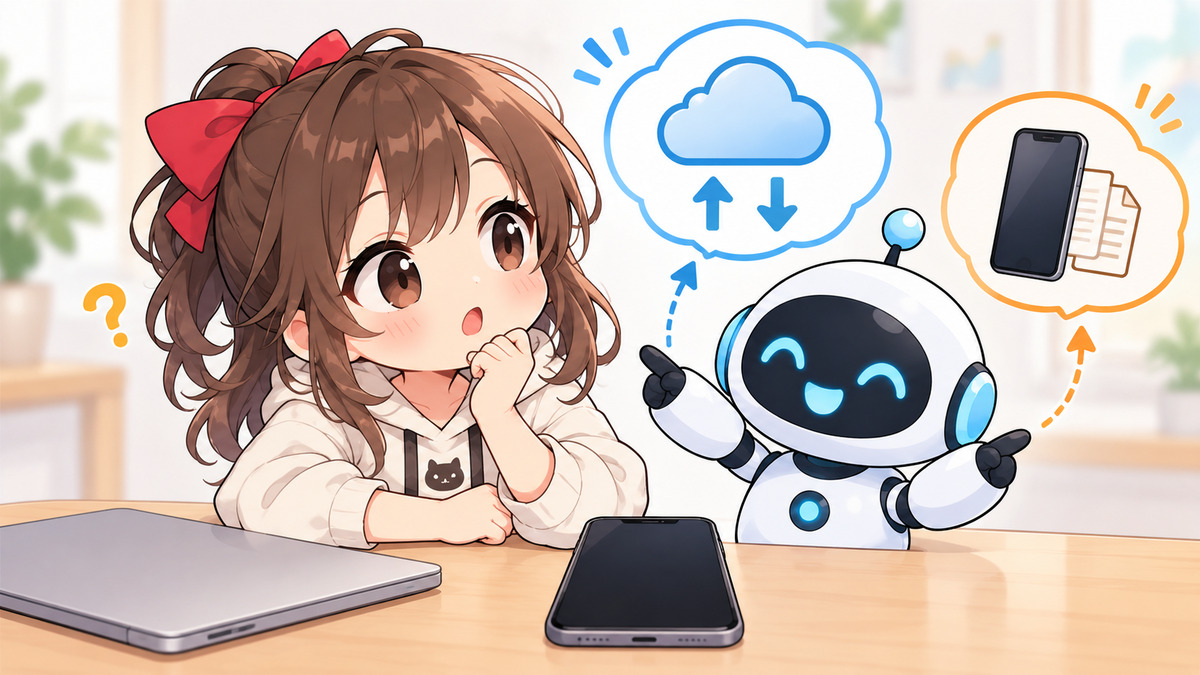 スマホデータ 復旧についてワクちゃんとチャッピーが確認しているイラスト