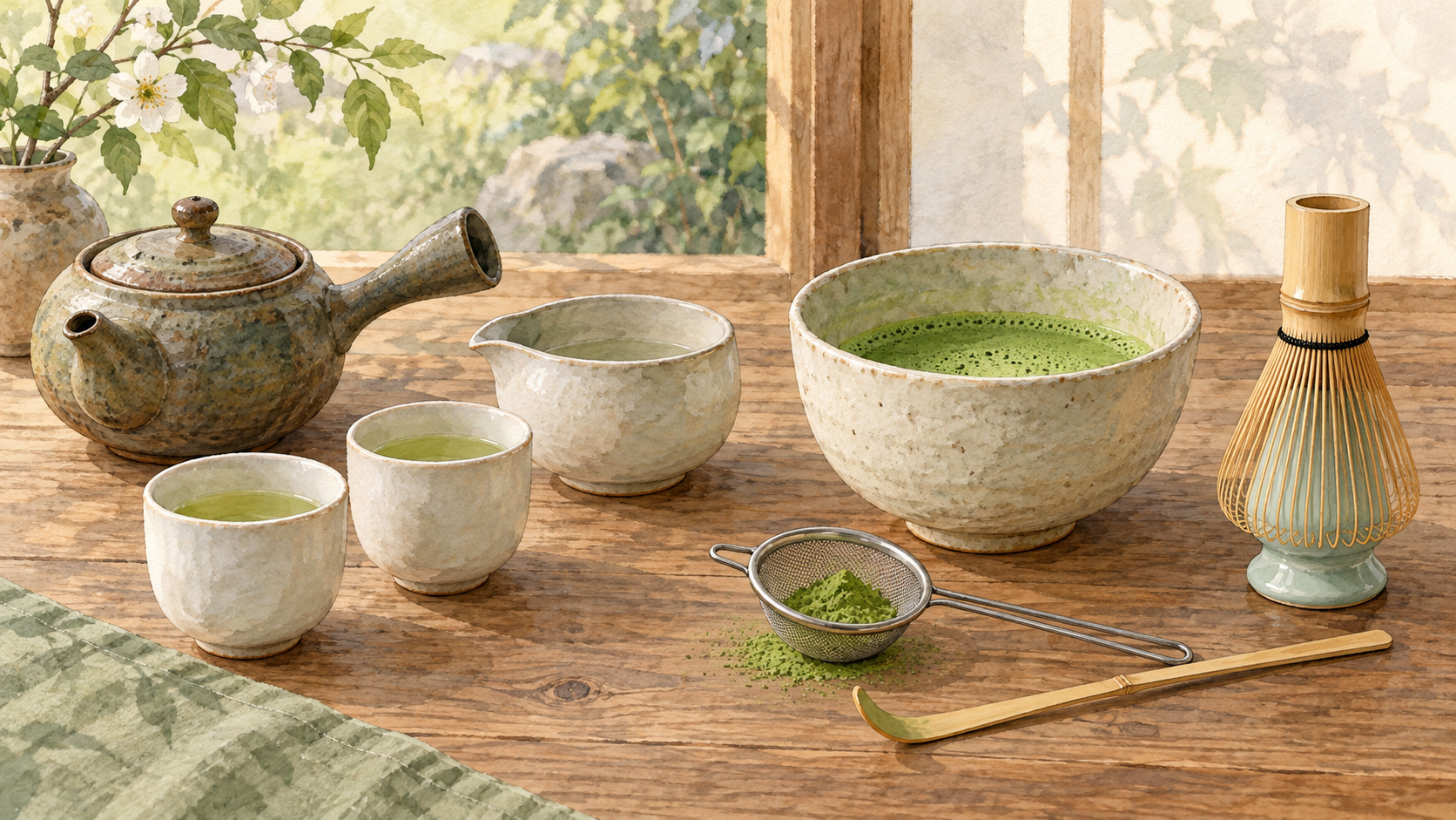 急須と湯冷まし、抹茶碗と篩、茶筅立てに置いた竹の茶筅