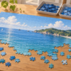海と空のジグソーパズルと色ごとのピース、のり容器を置いたイラスト