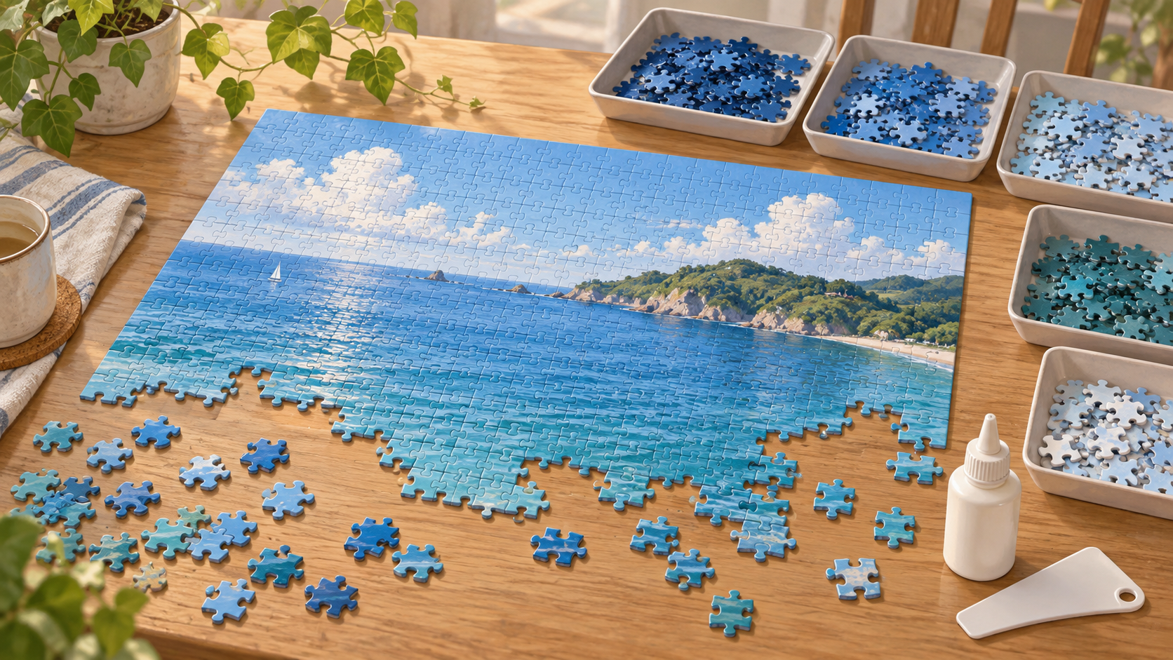 海と空のジグソーパズルと色ごとのピース、のり容器を置いたイラスト