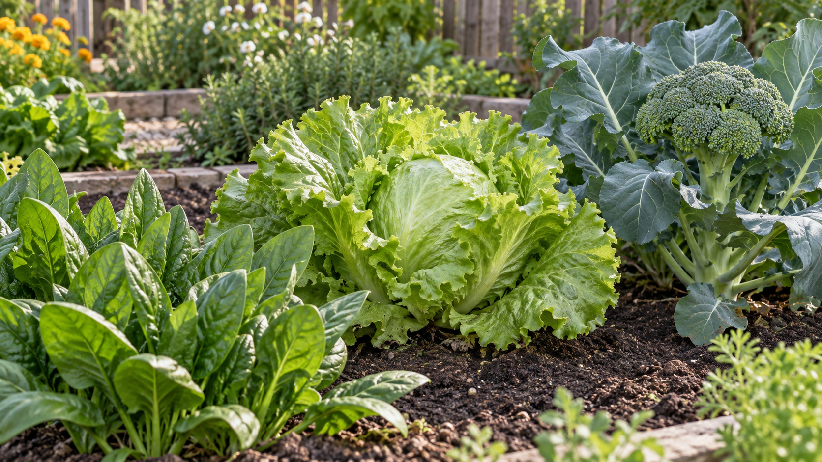 ほうれん草、結球レタス、ブロッコリーを育てる家庭菜園のイメージ