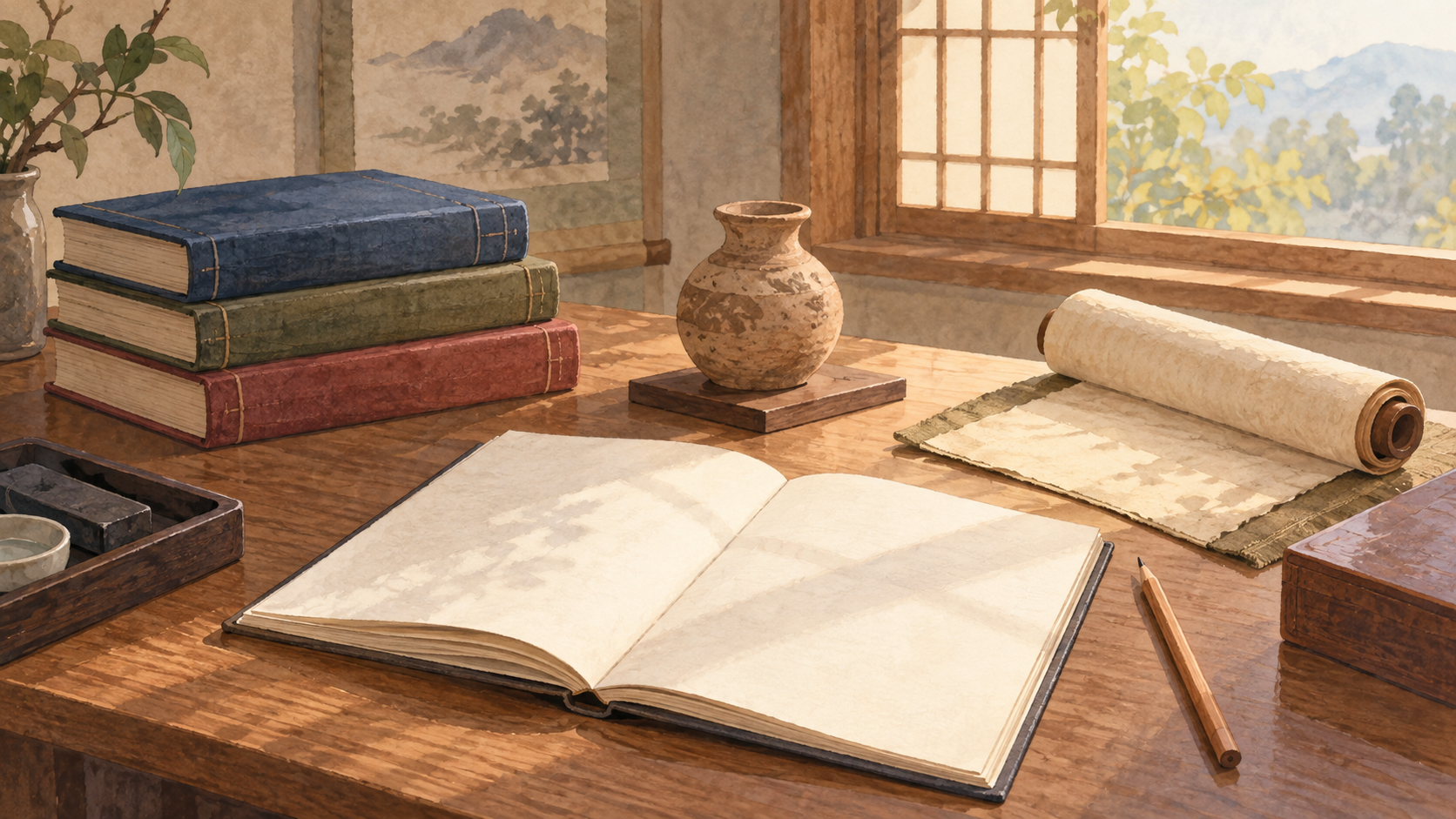 本、巻物、白いノートと土器を並べた学習机の概念イラスト