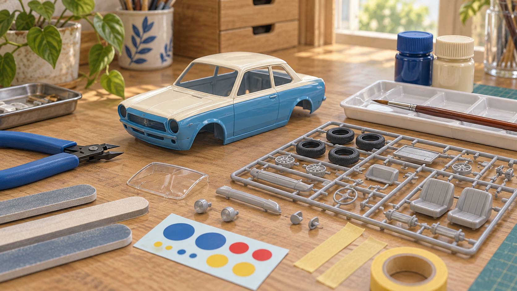 車の模型とランナー、ニッパー、ヤスリ、筆を並べた工作机のイラスト