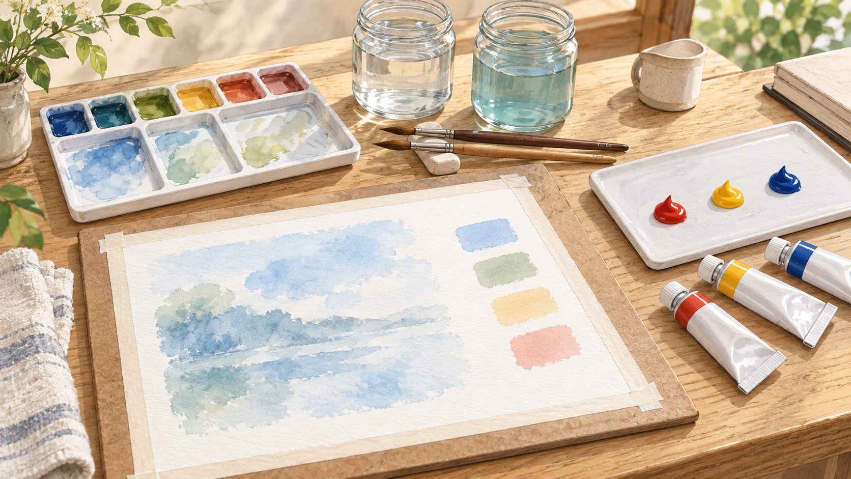 水彩紙の試し塗りとパレット、水入れ、筆、アクリル絵の具を並べた机のイラスト