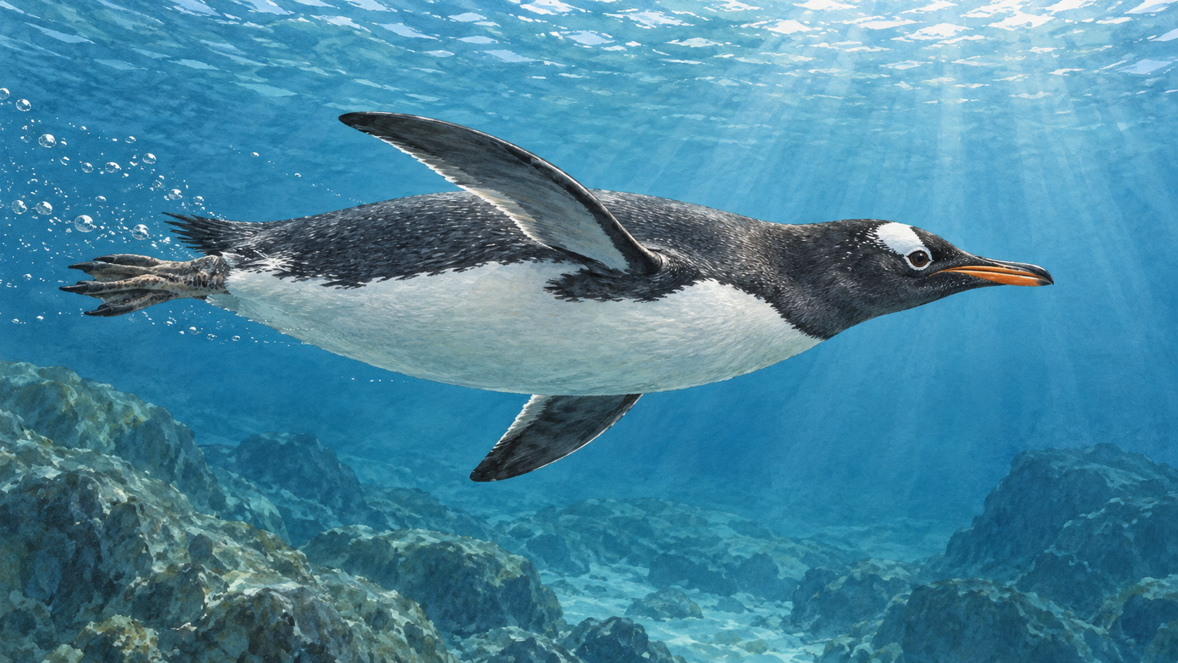 短い翼を使って青い水中を水平に泳ぐペンギンのイラスト