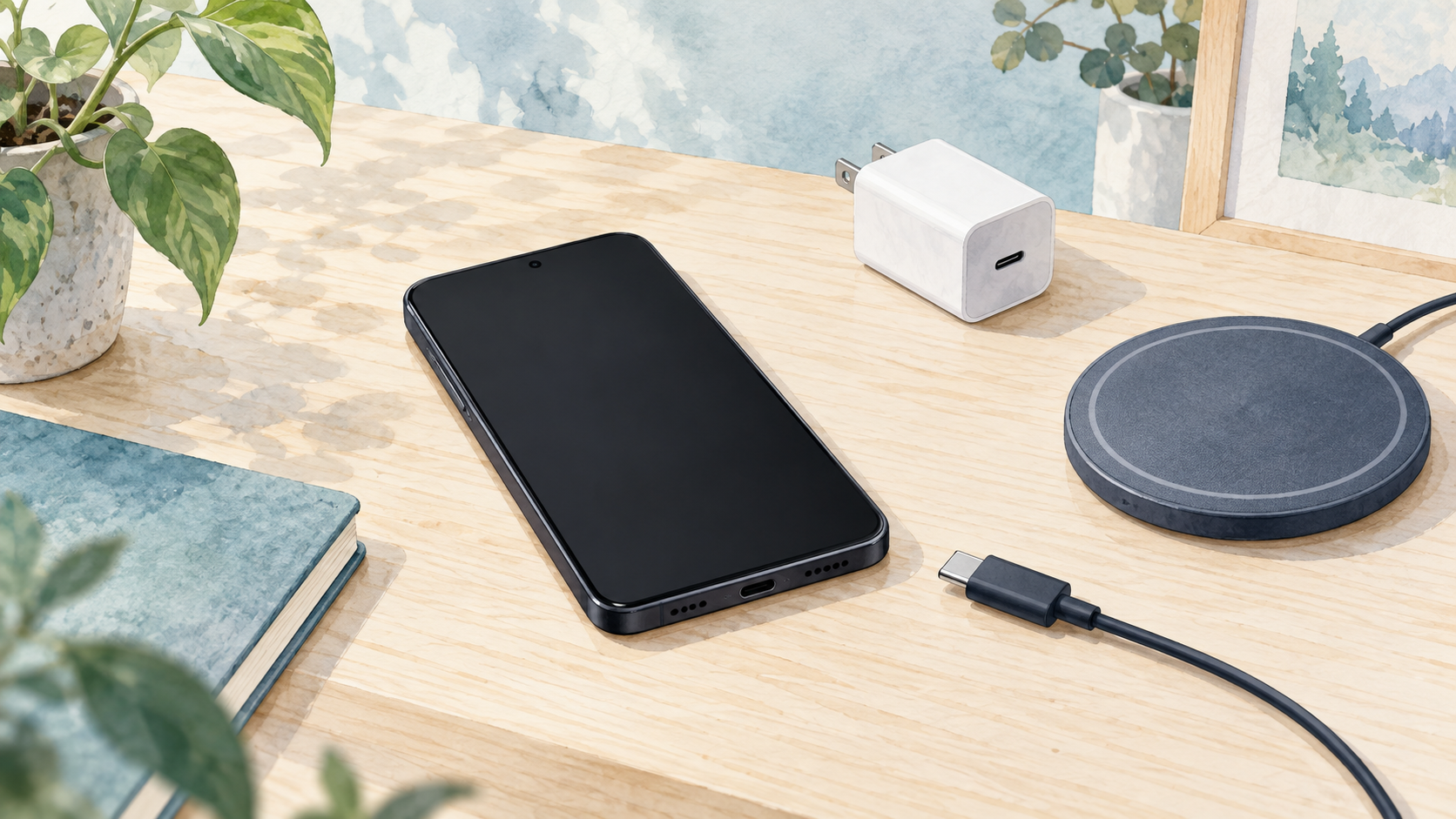 未接続のスマートフォンとUSB-Cケーブル、電源アダプタ、無線充電台のイラスト