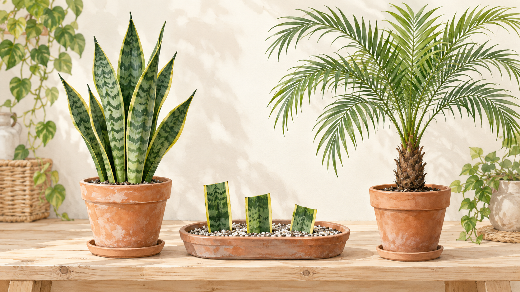 鉢植えのサンスベリアと葉挿しのトレー、一本幹の小さなヤシを並べたイラスト