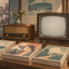 古いラジオ、テレビ、雑誌とフィルムを並べたメディア史の概念イラスト
