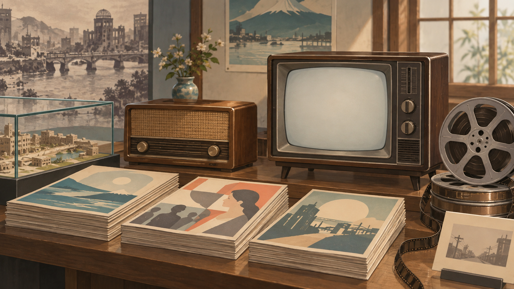 古いラジオ、テレビ、雑誌とフィルムを並べたメディア史の概念イラスト