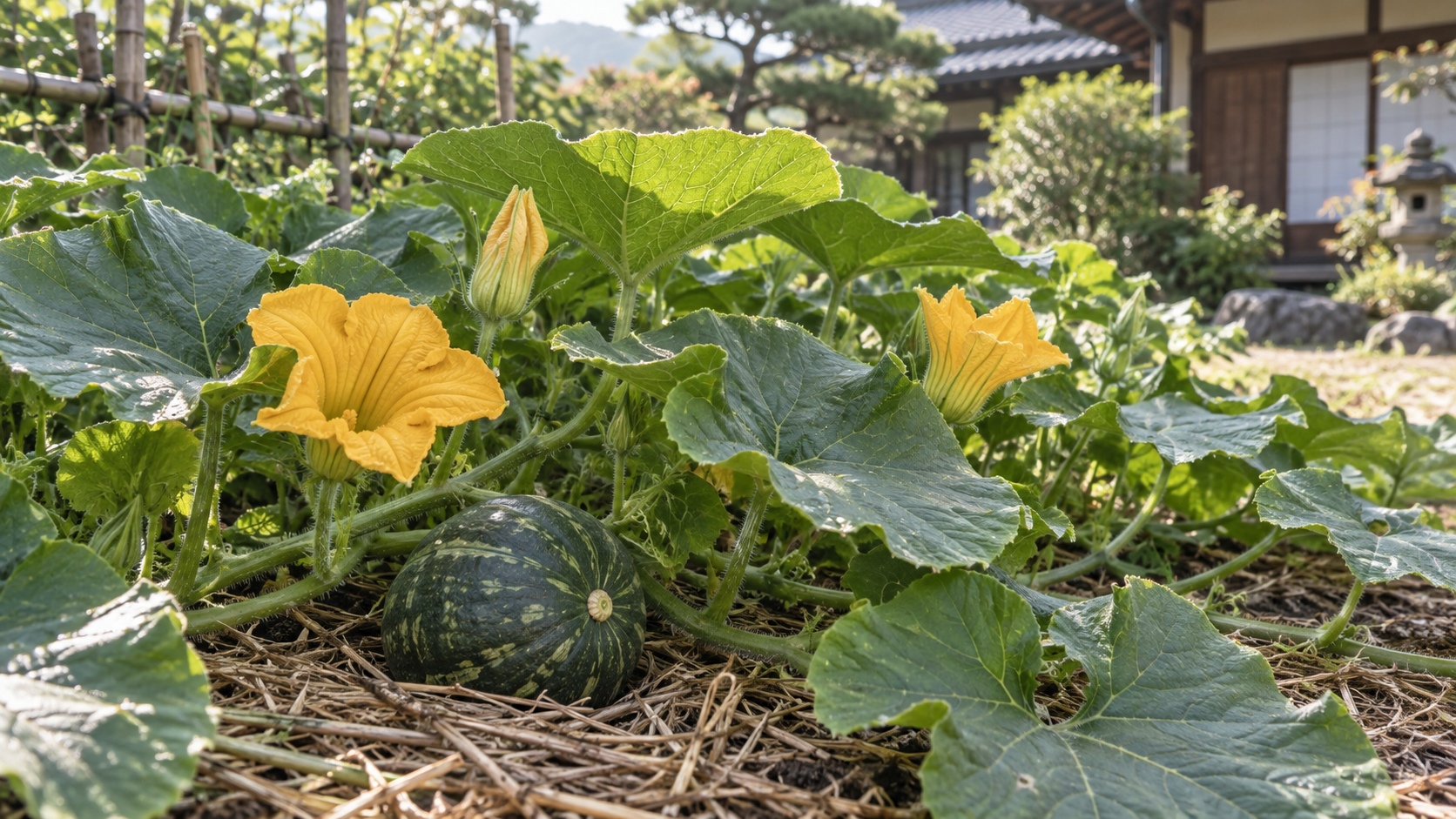 家庭菜園で黄色い花と小さな実を付けるかぼちゃのイメージ
