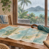 雨の海辺を窓越しに見ながら室内の机で地図と旅の荷物を広げたイラスト