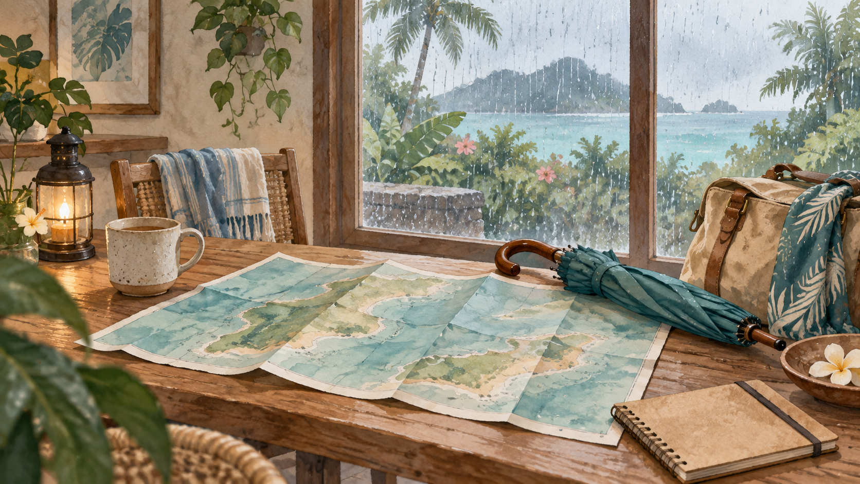 雨の海辺を窓越しに見ながら室内の机で地図と旅の荷物を広げたイラスト