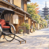 町家風の通りに止めた二人乗りの観光人力車を描いたイメージイラスト