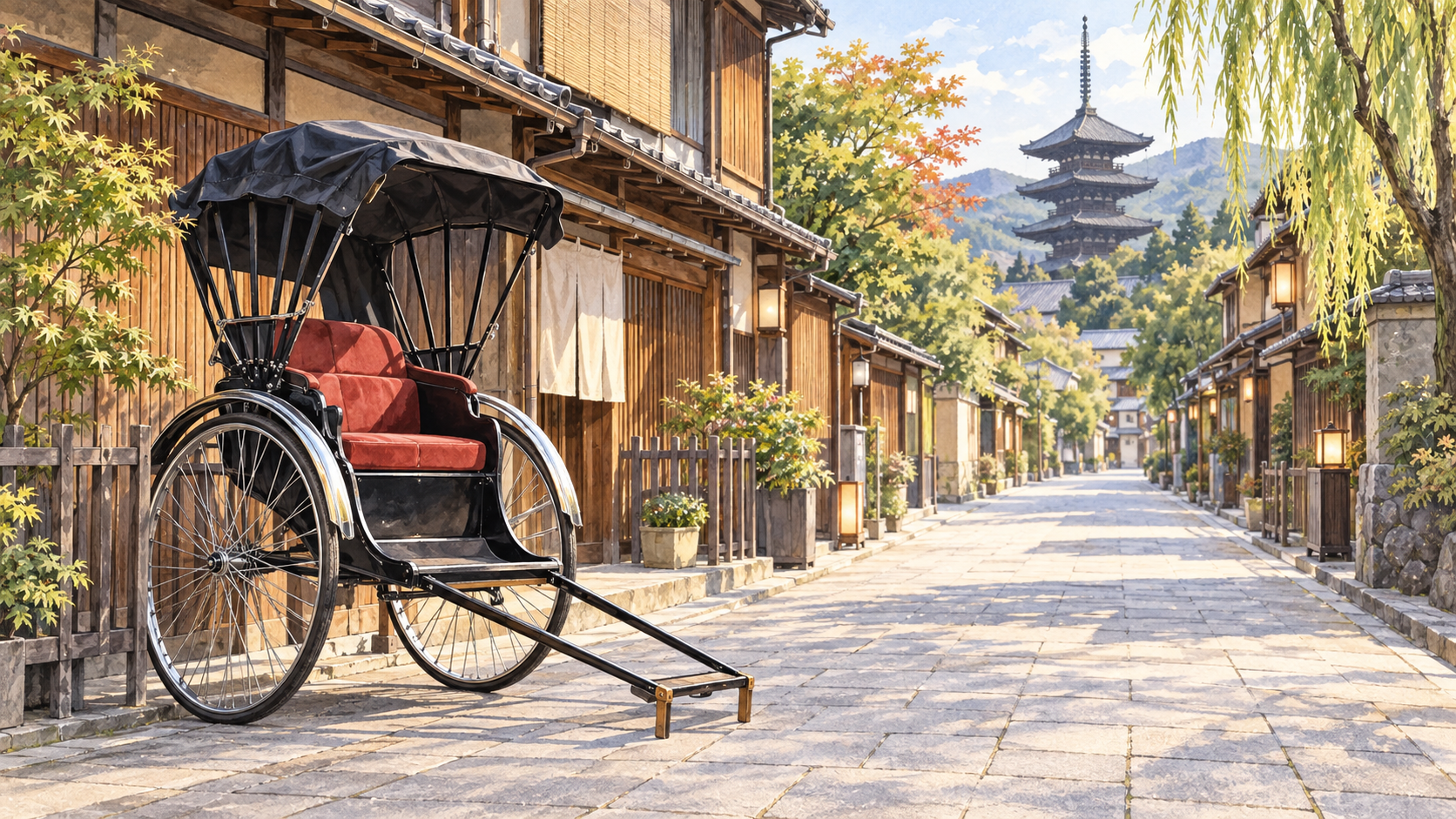 町家風の通りに止めた二人乗りの観光人力車を描いたイメージイラスト