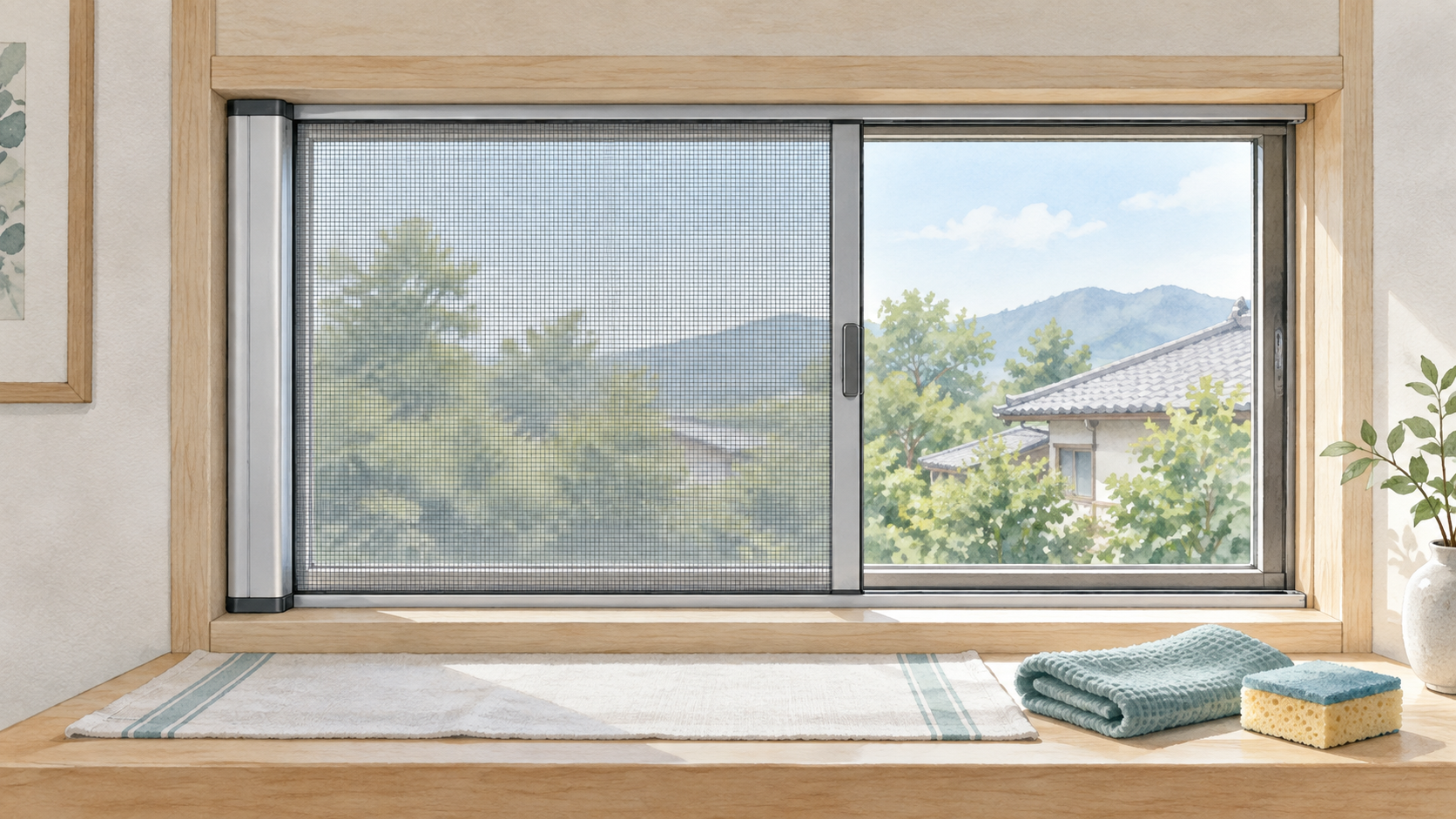 横の収納枠から引き出すロール網戸と水拭き用の布やスポンジのイラスト