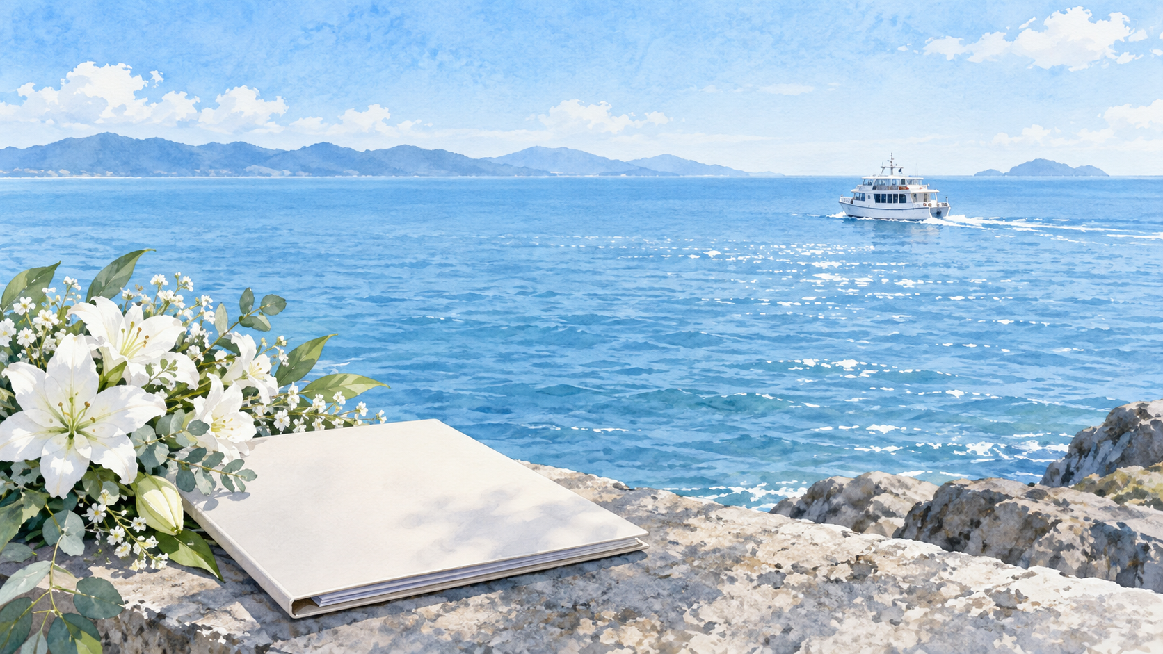 穏やかな海と船、手前に花と書類を描いた散骨計画のイラスト