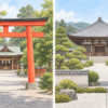 左に鳥居と神社、右に山門と寺院を別々に描いた水彩イラスト