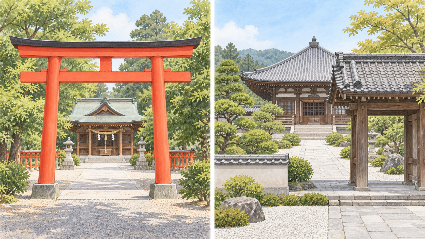 左に鳥居と神社、右に山門と寺院を別々に描いた水彩イラスト