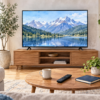 風景を映すテレビとリモコン、ルーターを置いた居間のイラスト