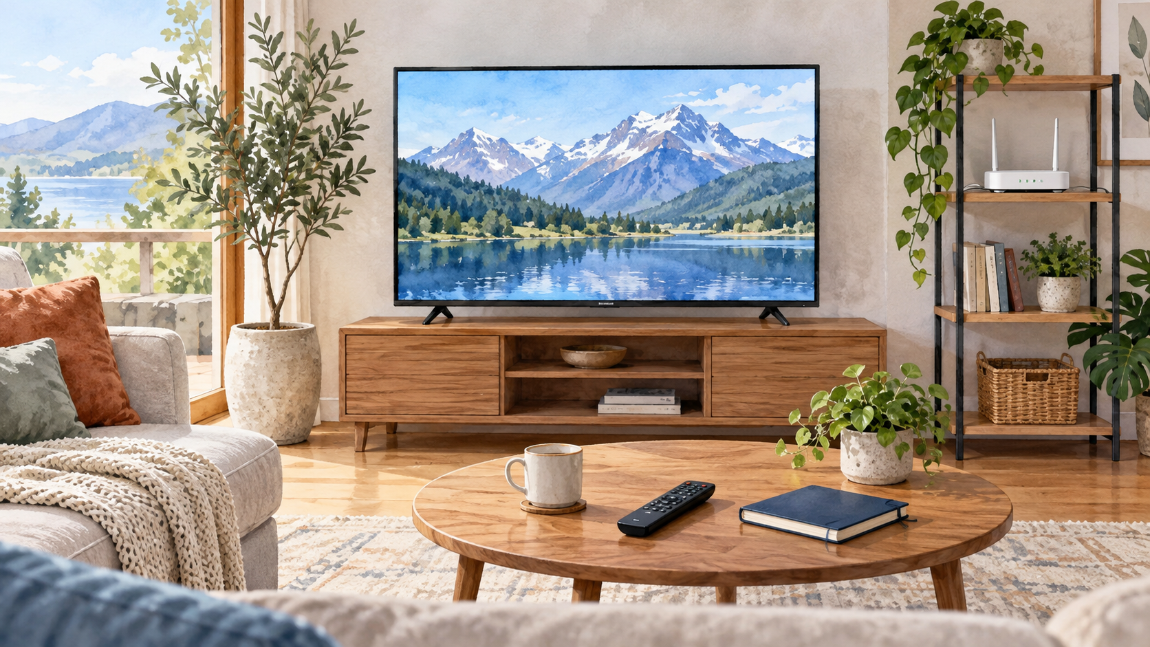風景を映すテレビとリモコン、ルーターを置いた居間のイラスト