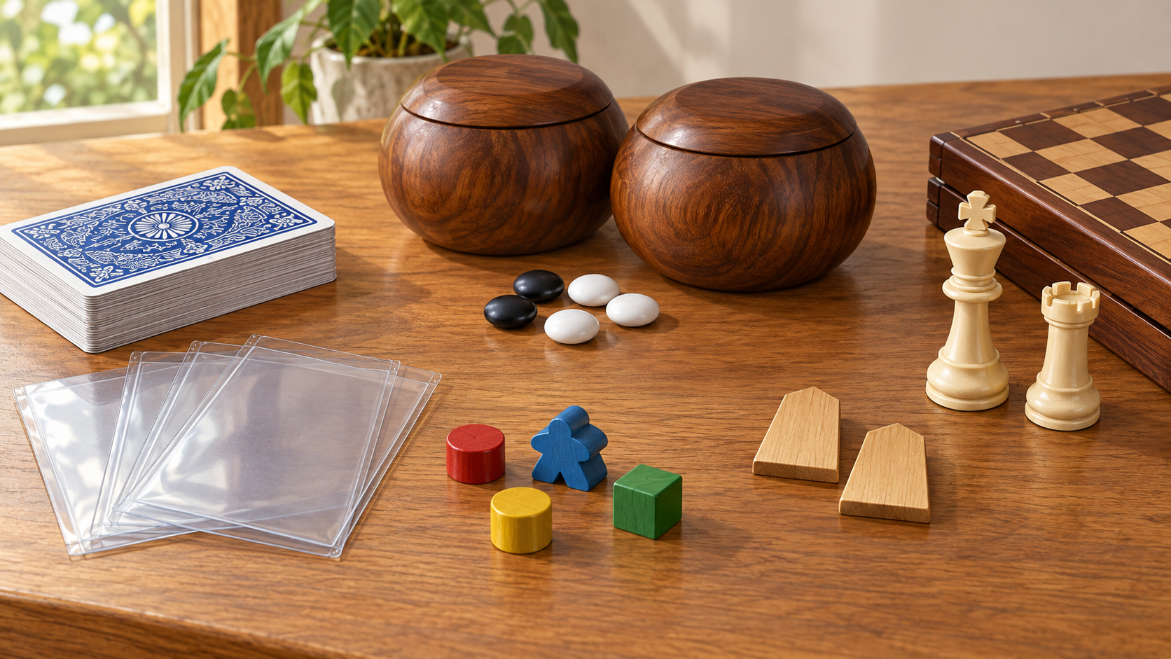 カード、透明スリーブ、碁石、将棋の駒、チェスの駒を並べた卓上