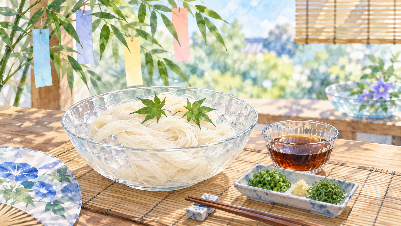 そうめんとつゆを夏の食卓に置き、背景に笹と短冊を描いたイラスト