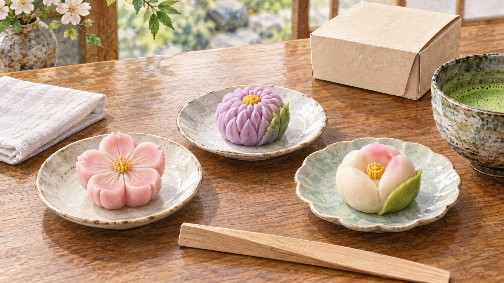 花をかたどった上生菓子と成形用の道具、抹茶、持ち帰り箱のイラスト