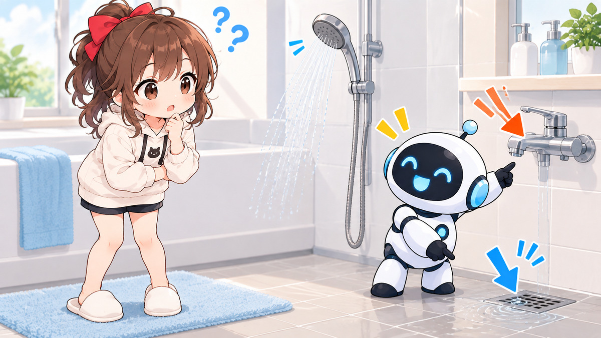 浴室の水栓・シャワーを確認するイメージ（特定機種の構造・作業手順を示す図ではありません）